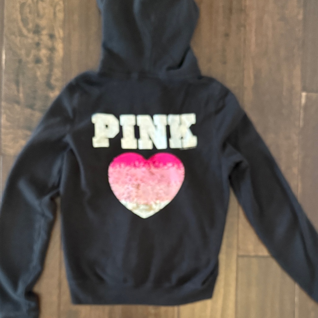 Rare Y2k Pink Victoria's Secret Black Hoodie With Pink Ombre Sequin Heart